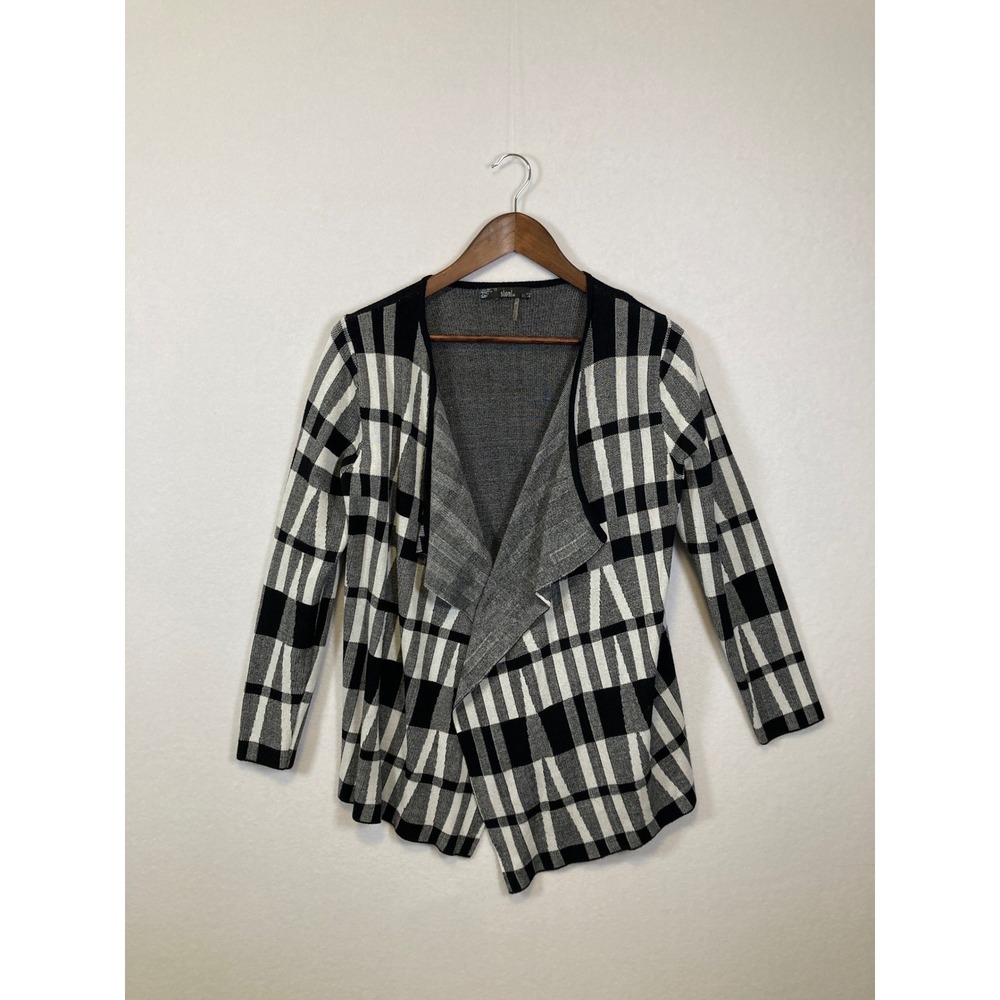 Slonl Plaid Waterfall‎ Cardigan Black White Grey Open Front Long Sleeve Women
